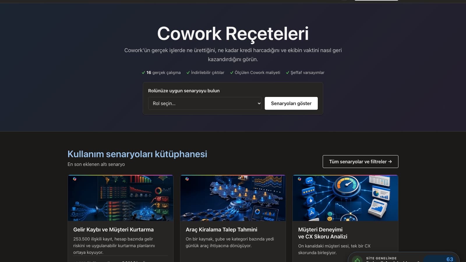 Cowork Reçeteleri ana sayfasında gerçek çalışma, indirilebilir çıktı ve ölçülen maliyet vurguları