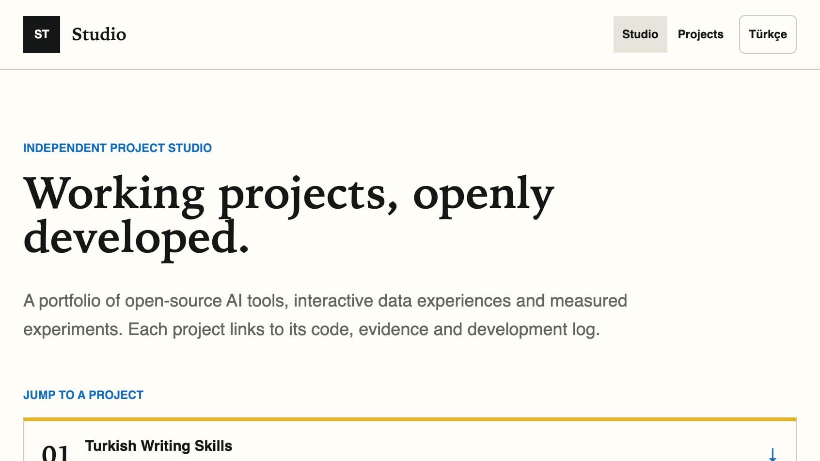 Studio homepage showing the working projects headline and jump-to-project index